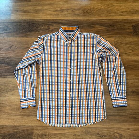 Luchiano Visconti Men's Size L Button-Down Shirt Plaid Orange Blue Black Brown - Picture 1 of 6